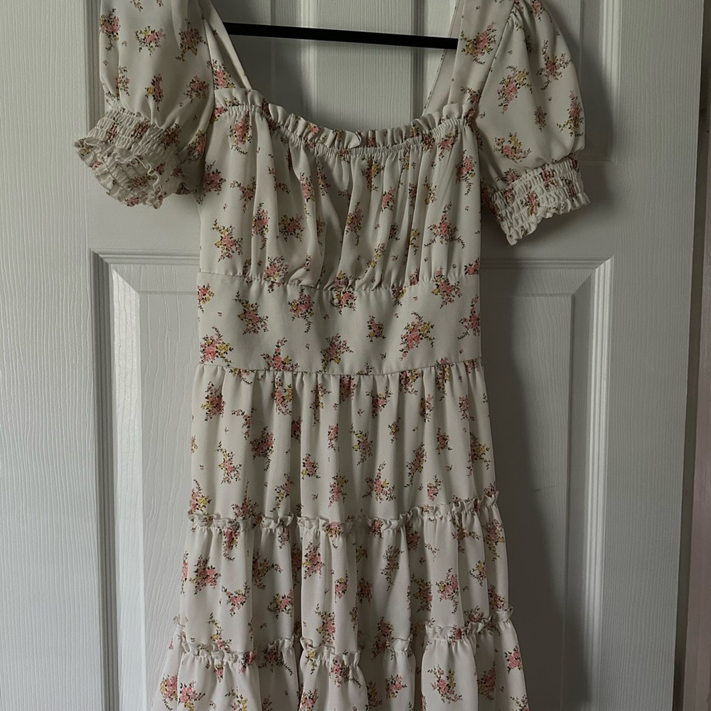 Trixxi Cream Midi Dress with Pink & Yellow Floral Print